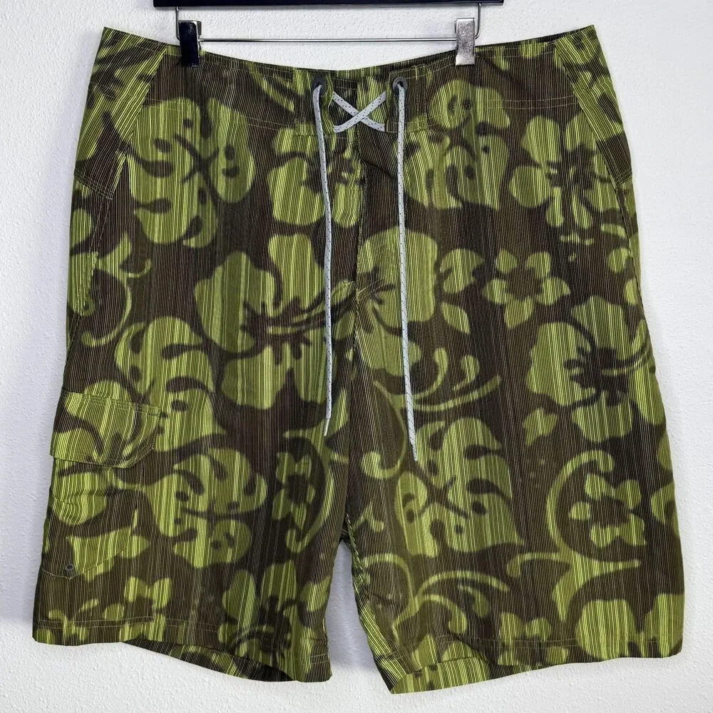 Columbia Swim Board Shorts Mens 34 Green Floral Hawaiian Swim Trunks Beach